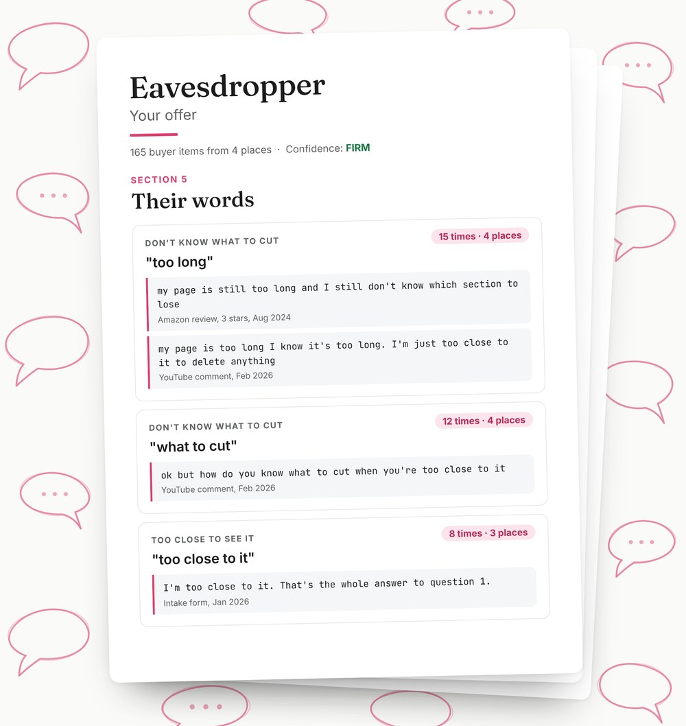 A page from an Eavesdropper report showing buyers' phrases, each with its count and the comments it came from